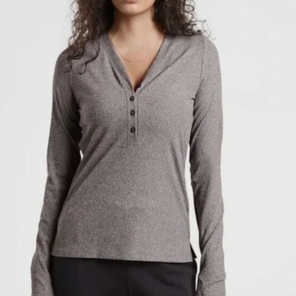 Athleta Tops - Athleta Women's Uptempo Ribbed Henley Top Grey Athleisure Long Sleeve 1x